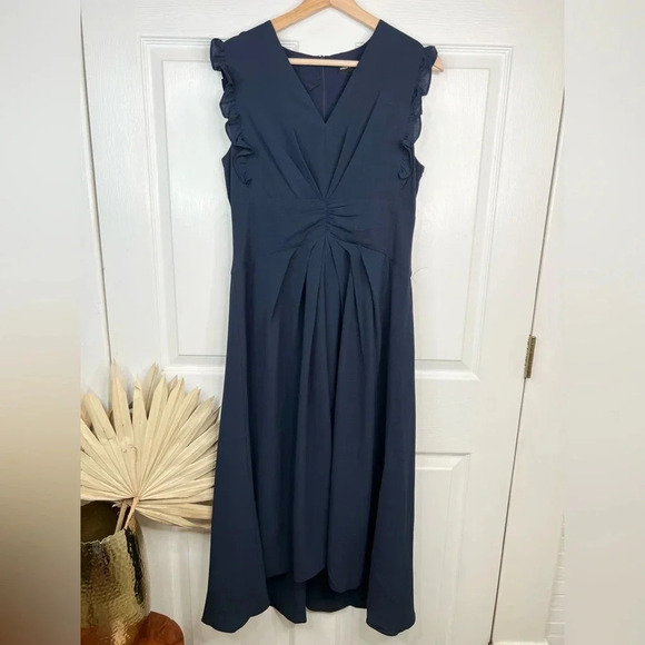 Maggy London Women's Blue V-Neck Hi-Lo Midi Dress Ruffle Detail Size 10 - Picture 2 of 12